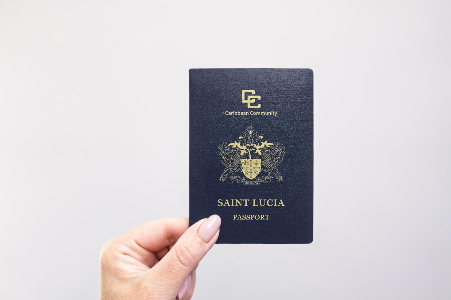 Passport Saint Lucia Held Against Simple White Background. Astana, Kazakhstan, 26 october 2024 photo