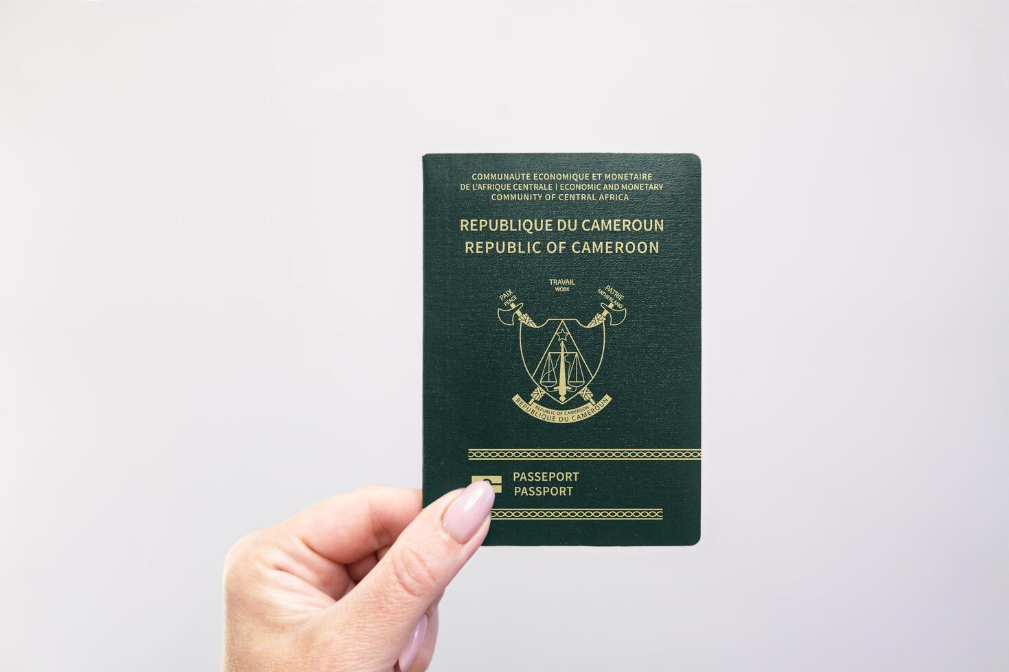 Passport Cameroon Held Against Simple White Background. Astana, Kazakhstan, 26 october 2024 photo