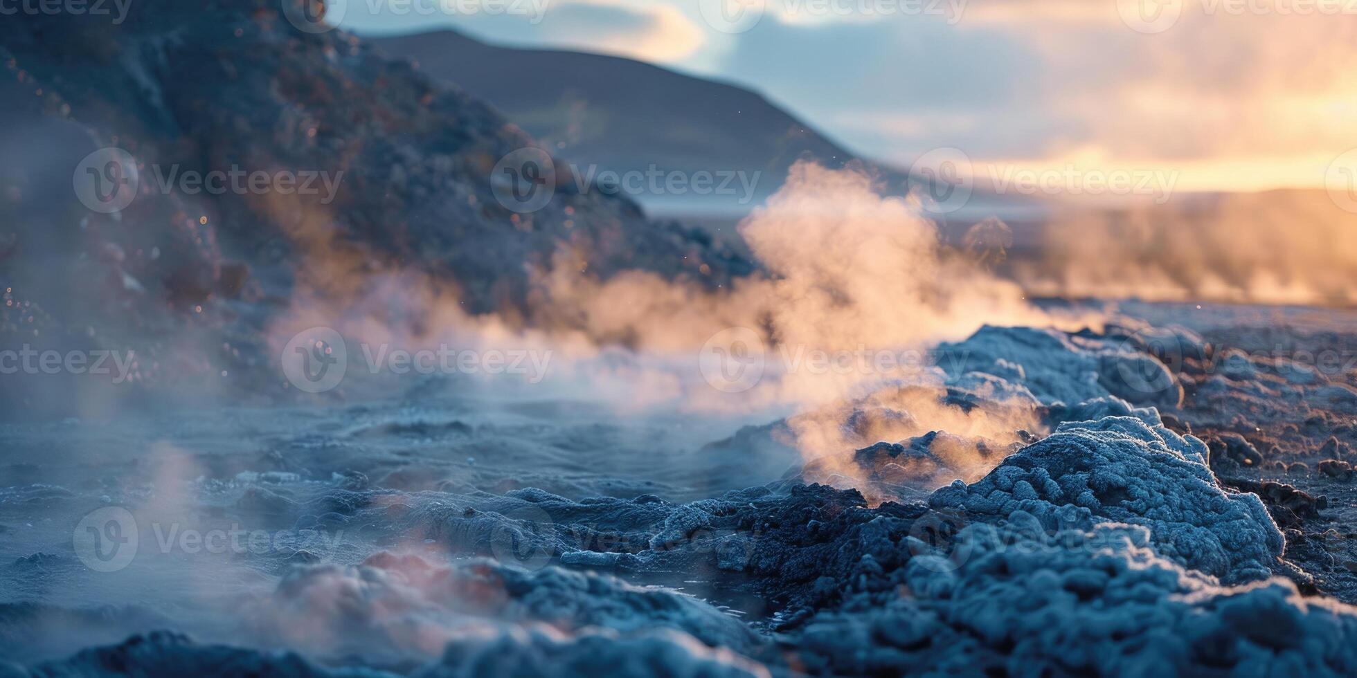 Aerial view to geothermal power plant in mountain. Clean green renewable energy. photo