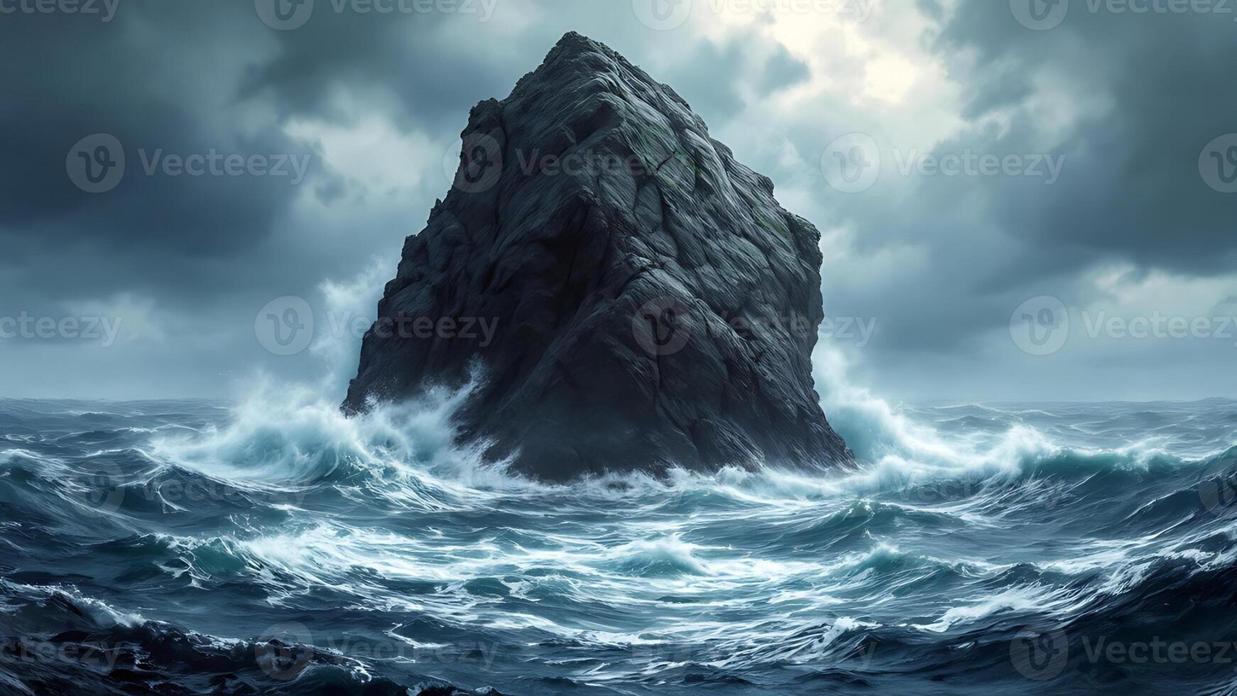 A rock in the ocean with waves and dark clouds photo
