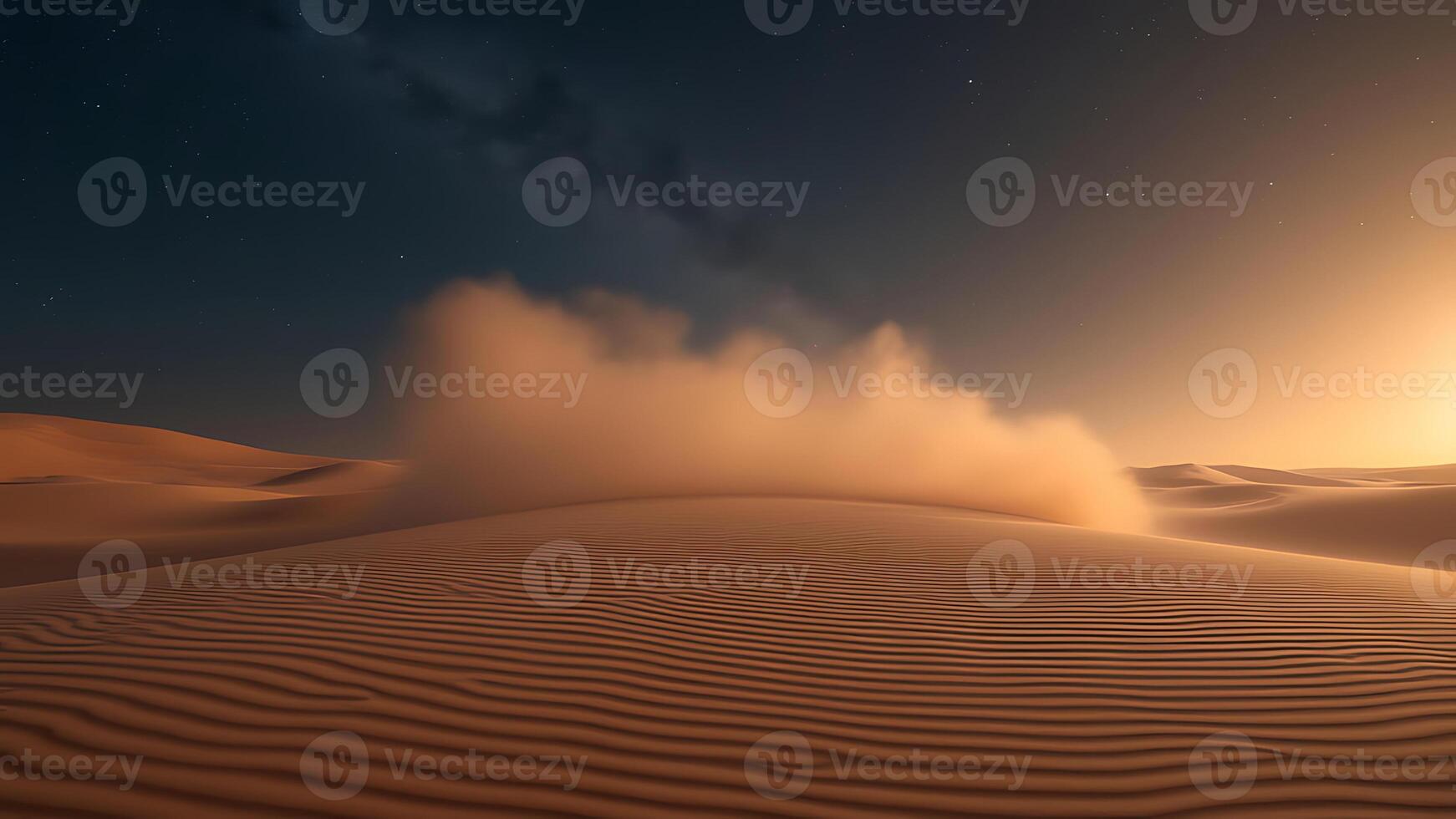 A sand dune in the desert at night with a bright sun photo