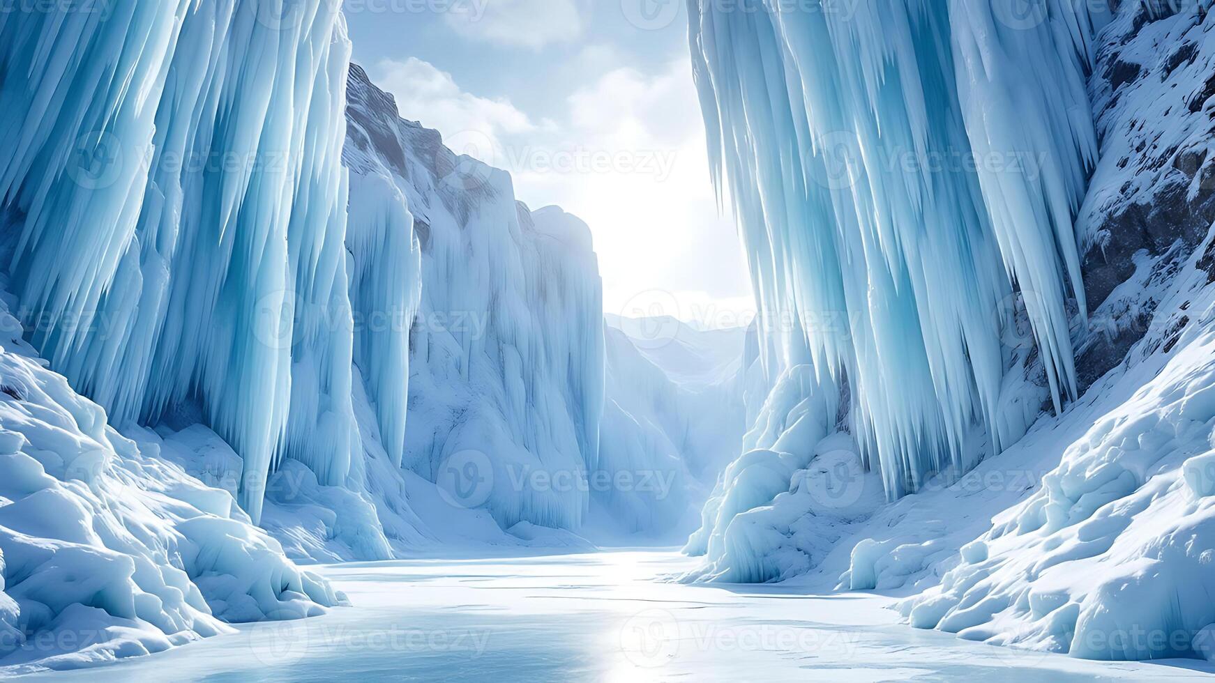 Ice caves in the mountains with water flowing through them photo