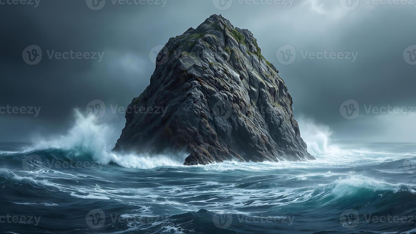 A rock in the ocean with a stormy sky photo