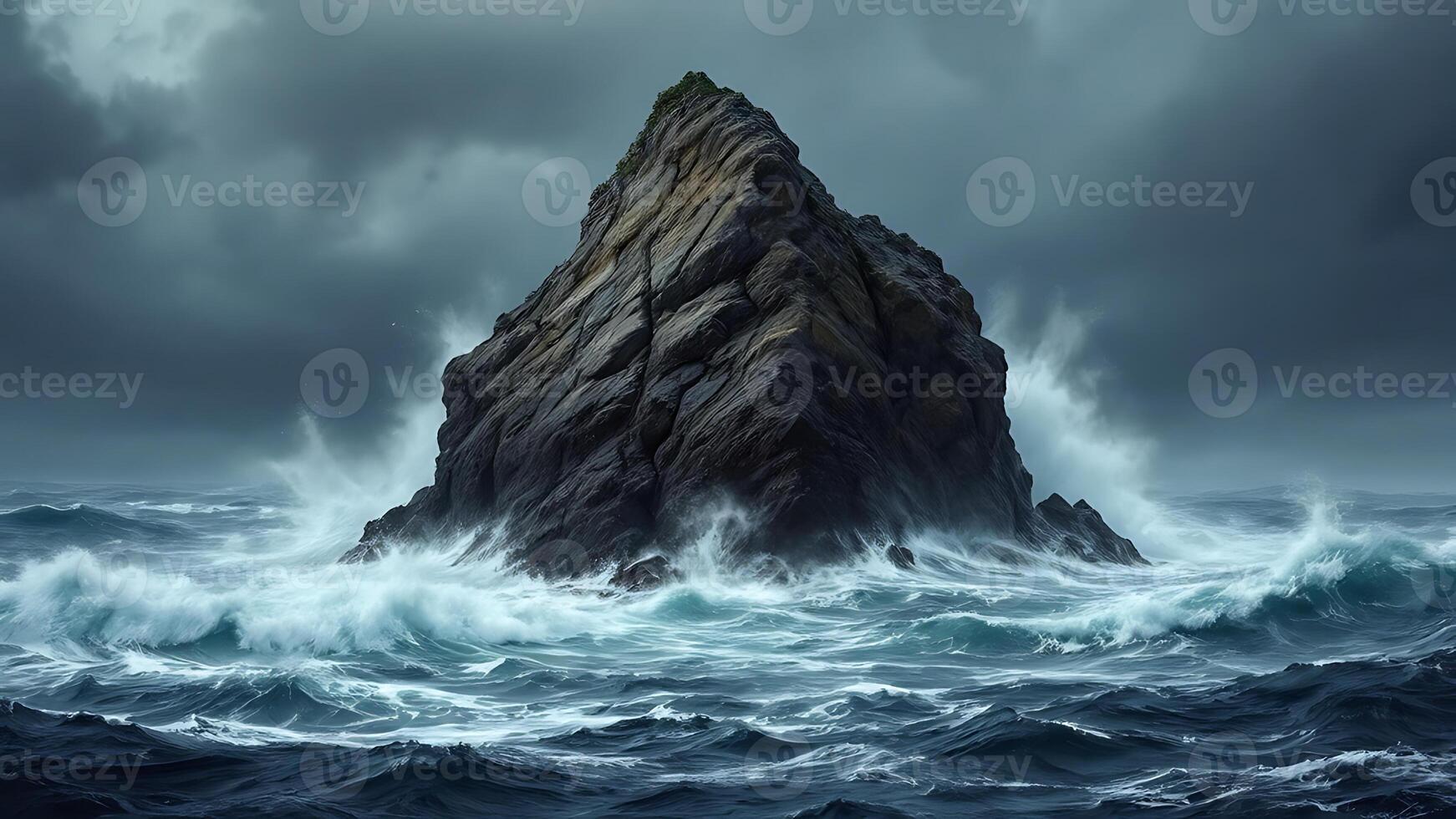 A rock in the ocean with stormy clouds photo