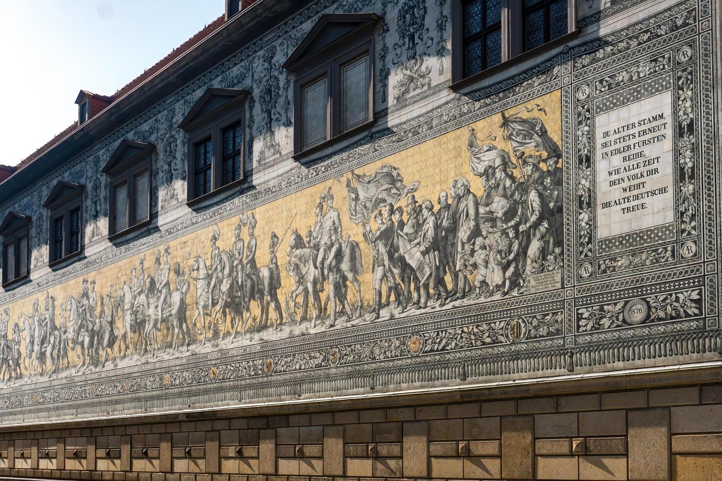 Dresden, Germany-august 15, 2022-view of the Furstenzug a long and fantastic mural in porcelain tiles depicting the Saxon rulers in various eras. photo