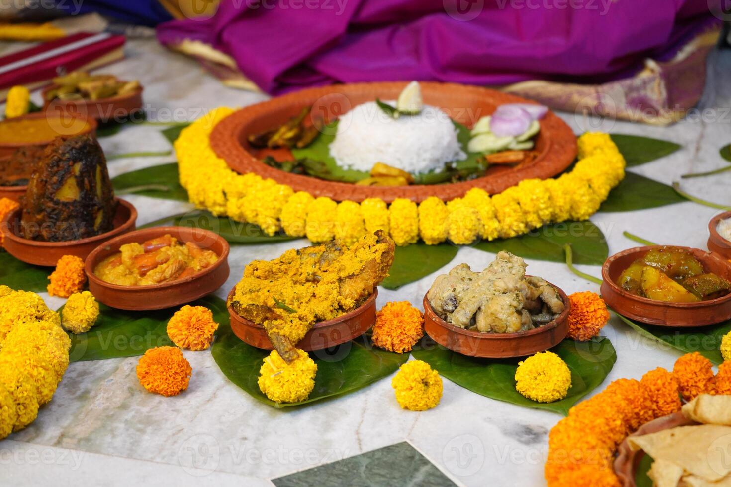 Different of bengali food served at Aiburobhat before Bengali Marriage photo