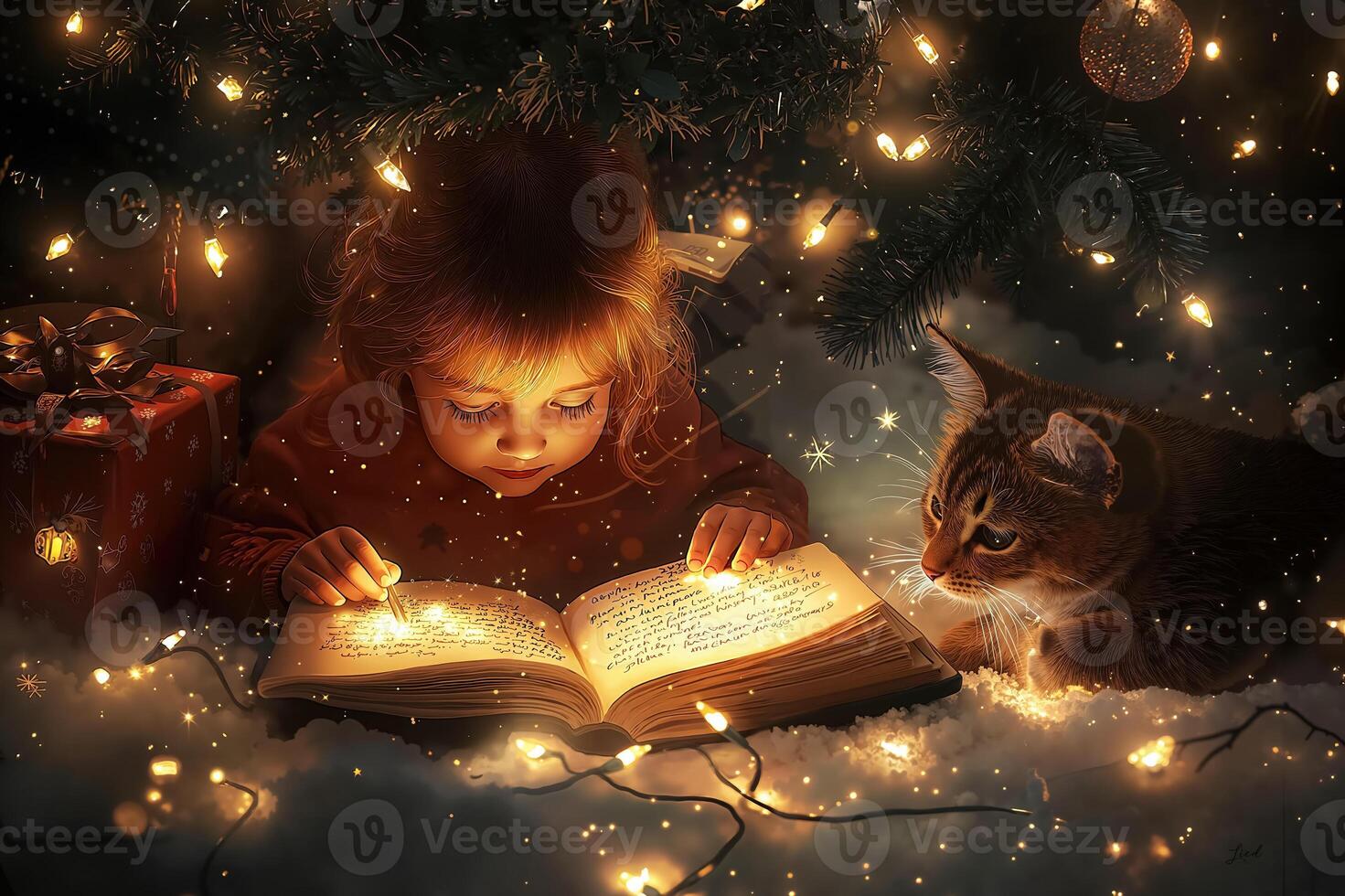 A Child Reading a Magical Book Surrounded by Christmas Lights and a Cat photo