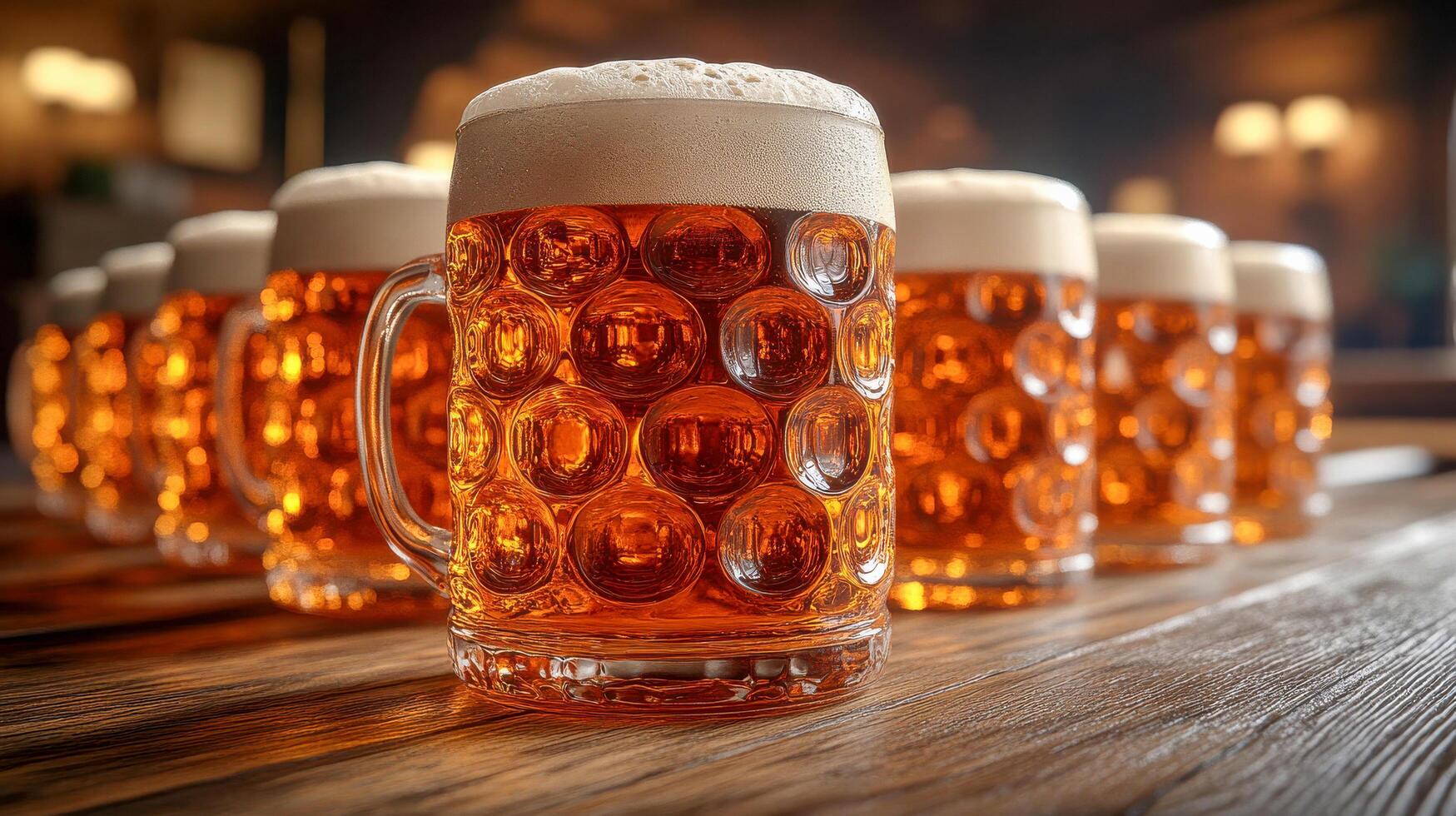 A row of beer mugs on a wooden table photo