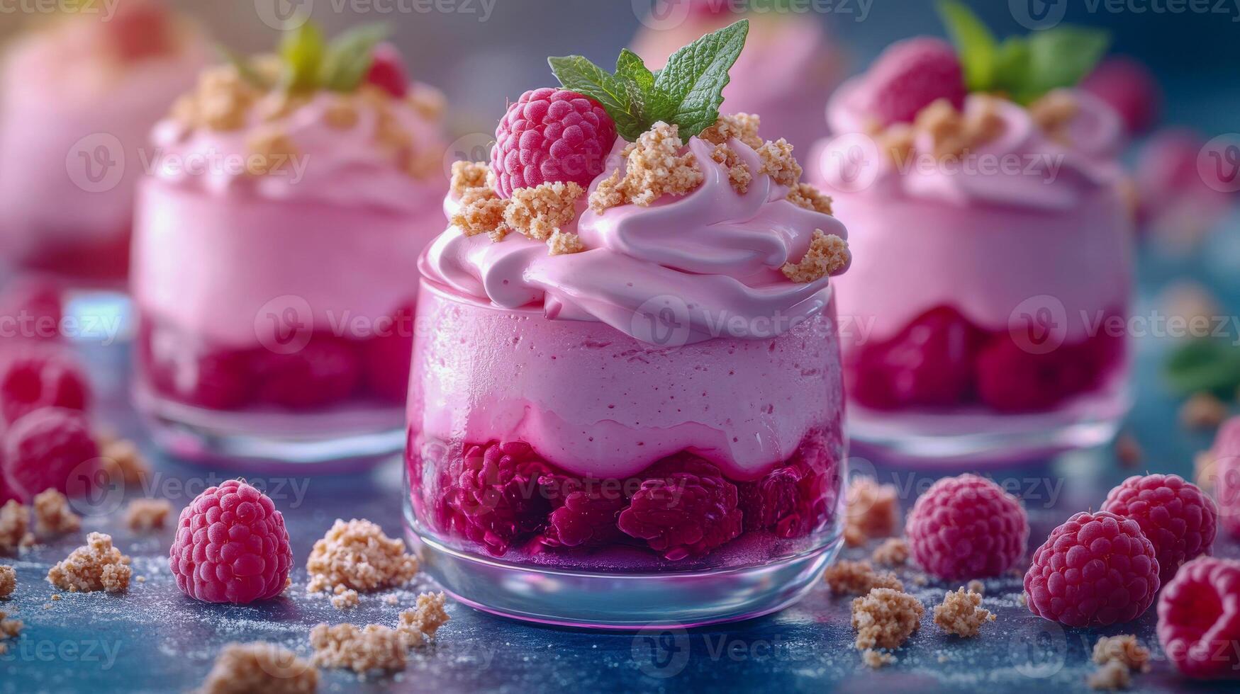 Raspberry cheesecake dessert with fresh raspberries and mint photo