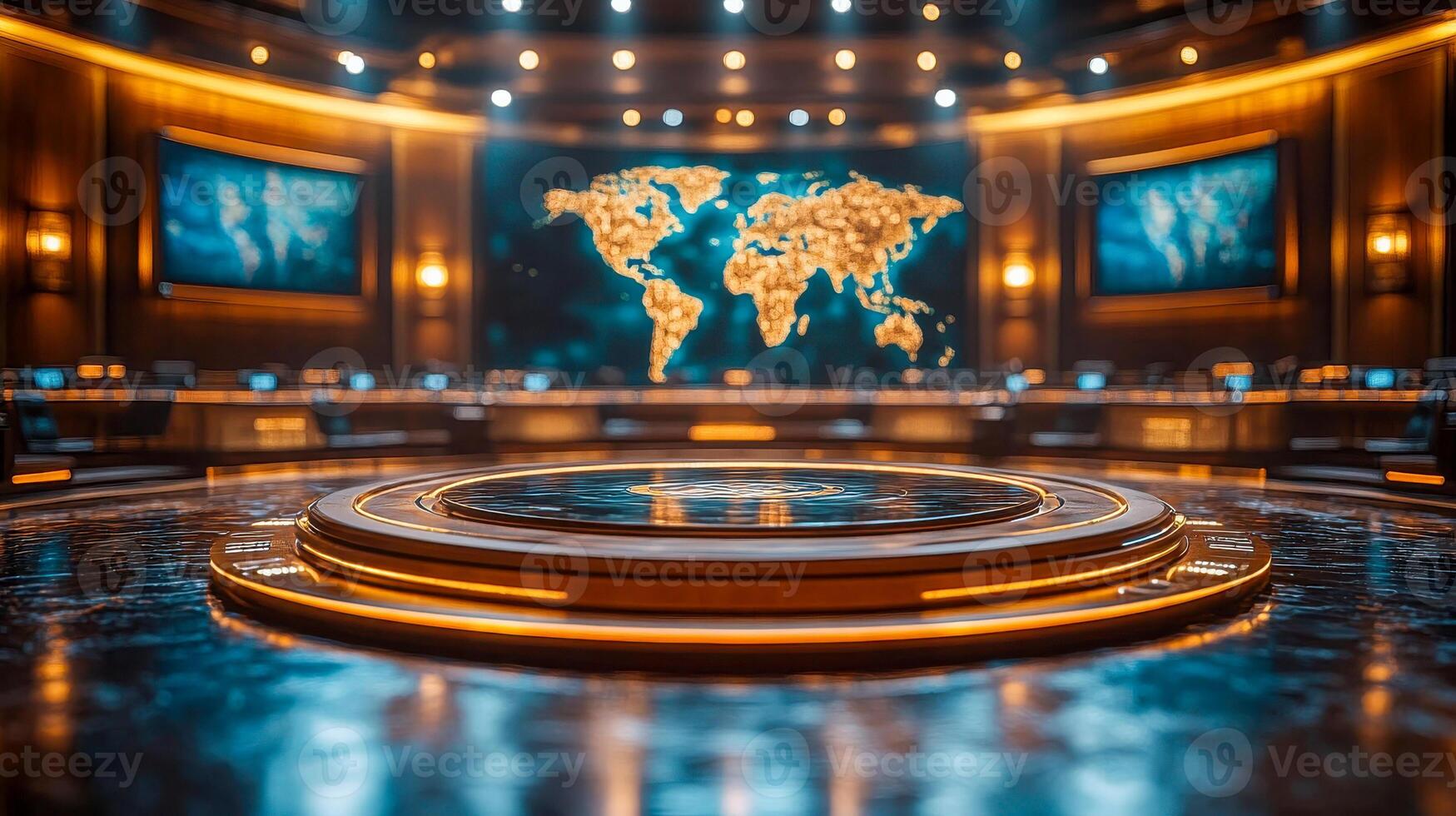 A large room with a world map on the screen photo