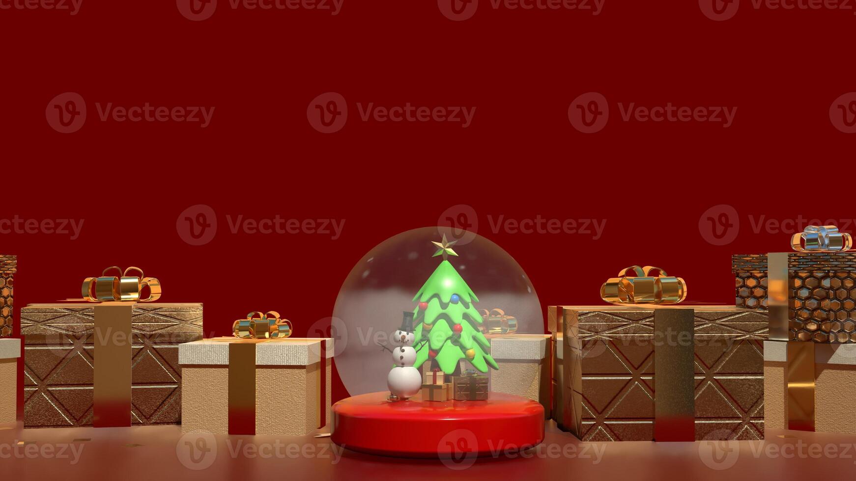 The Snow man in glass ball and gift box for holiday and celebration concept 3d rendering. photo
