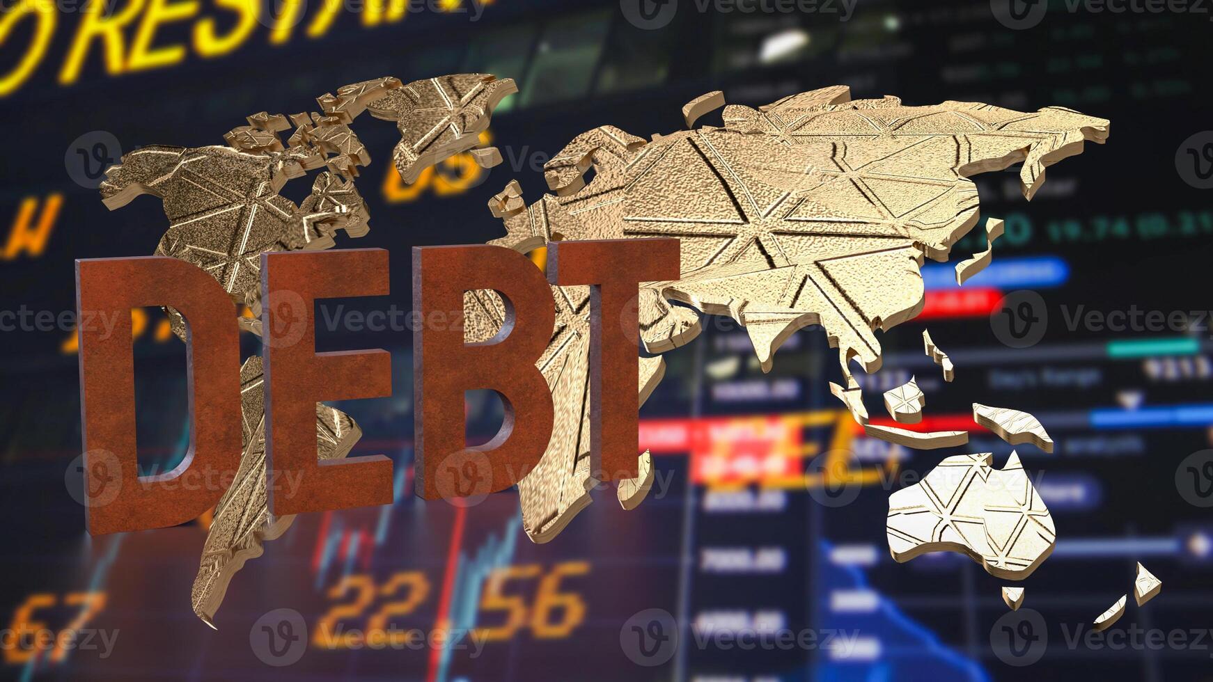 The rusty debt text on world map for Business concept 3d rendering. photo