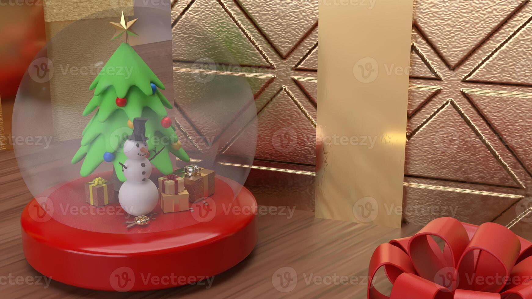 The Snow man in glass ball and gift box for holiday and celebration concept 3d rendering. photo