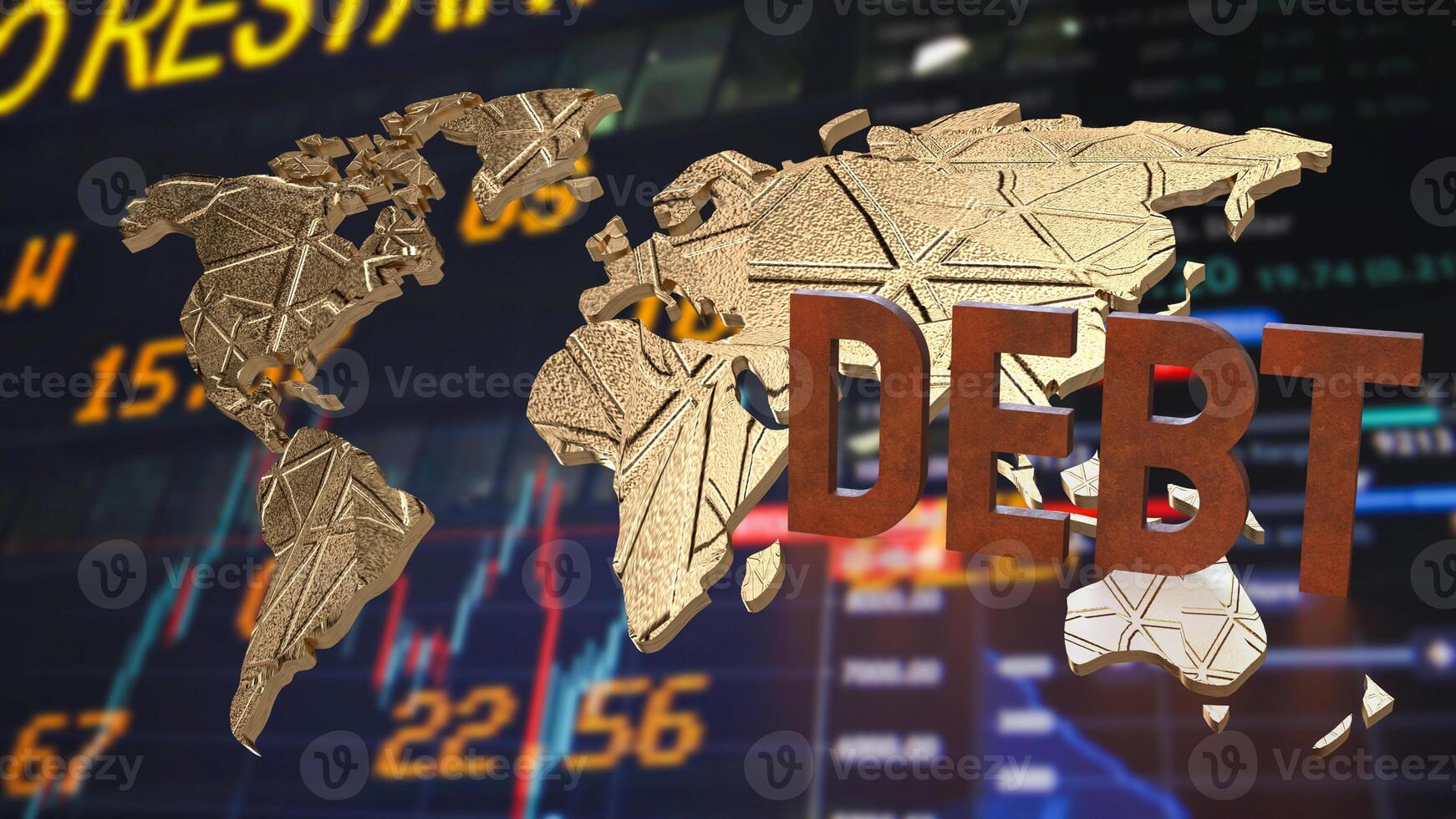 The rusty debt text on world map for Business concept 3d rendering. photo