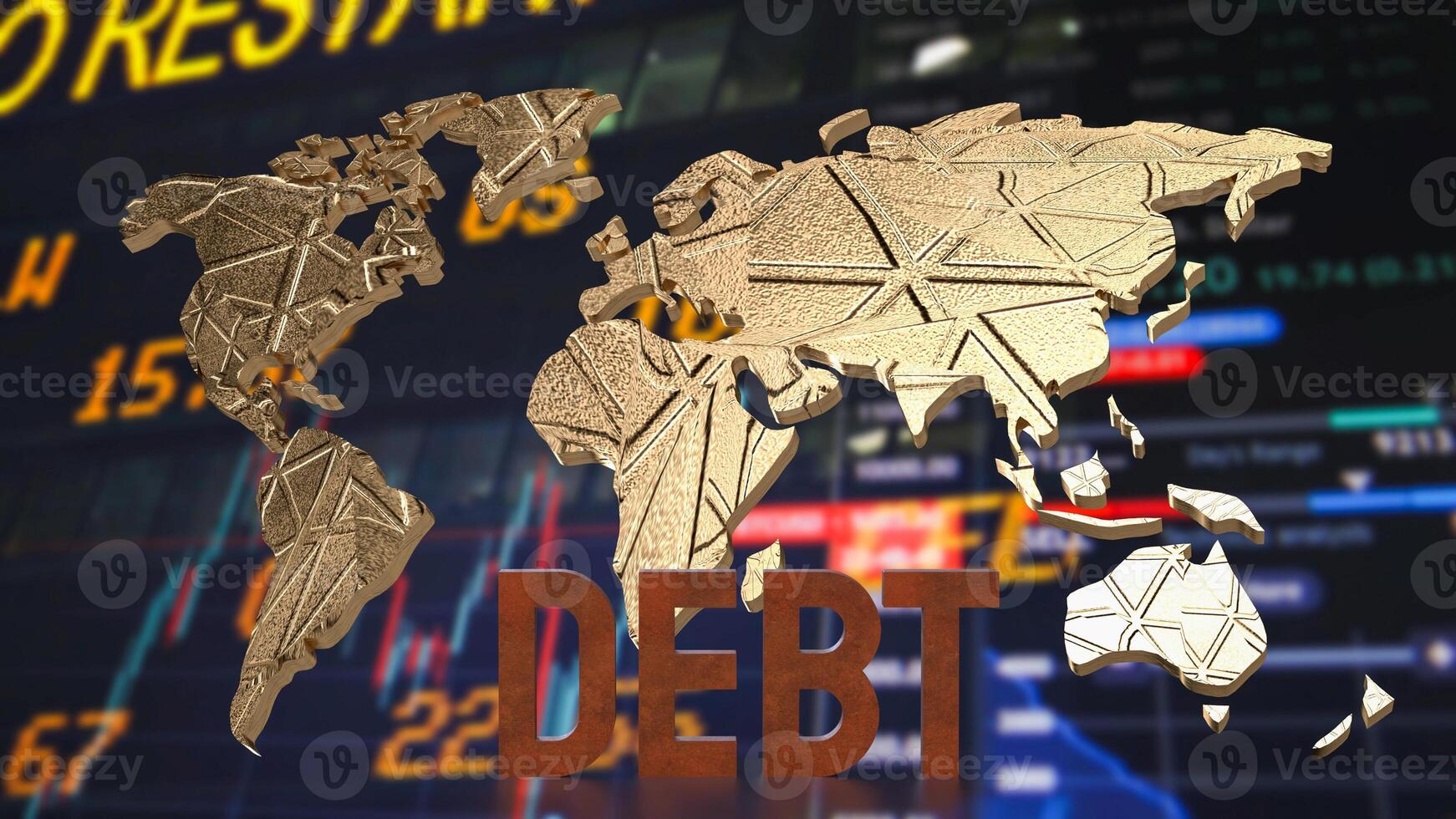 The rusty debt text on world map for Business concept 3d rendering. photo