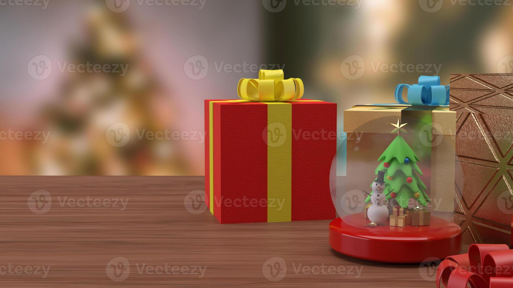 The Snow man in glass ball and gift box for holiday and celebration concept 3d rendering. photo
