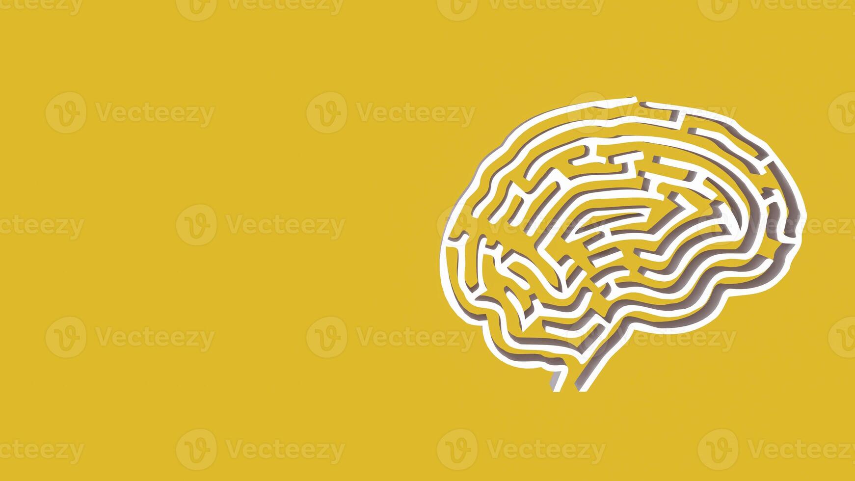 The White Brain maze on Yellow background for sci or creative concept 3d rendering. photo
