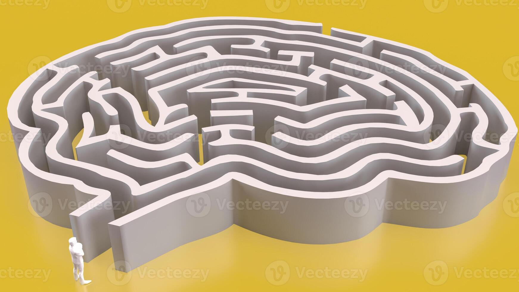The White Brain maze on Yellow background for sci or creative concept 3d rendering. photo