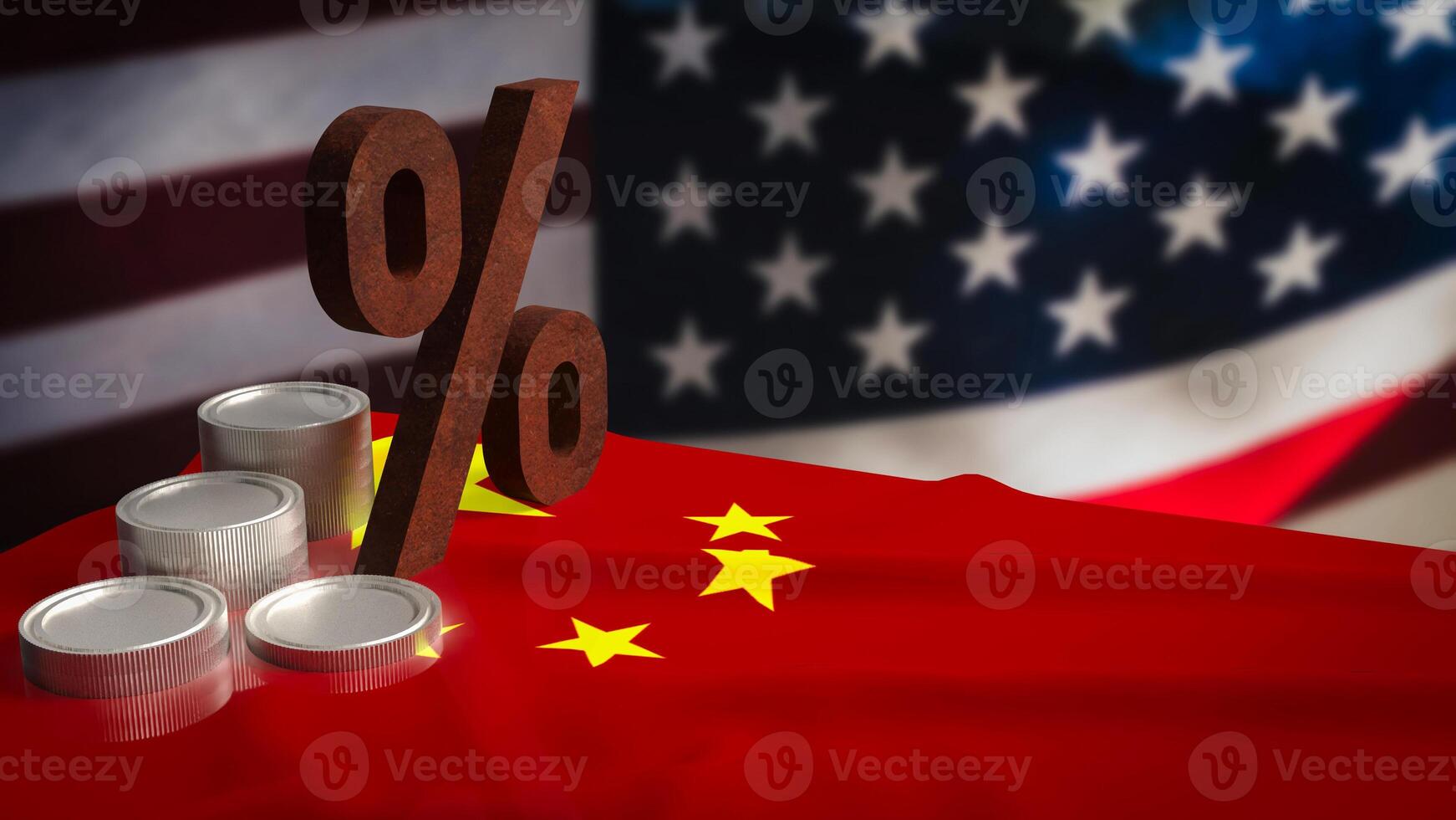 The rust percent and coins on Chinese and usa flag for tax or business concept 3d rendering. photo