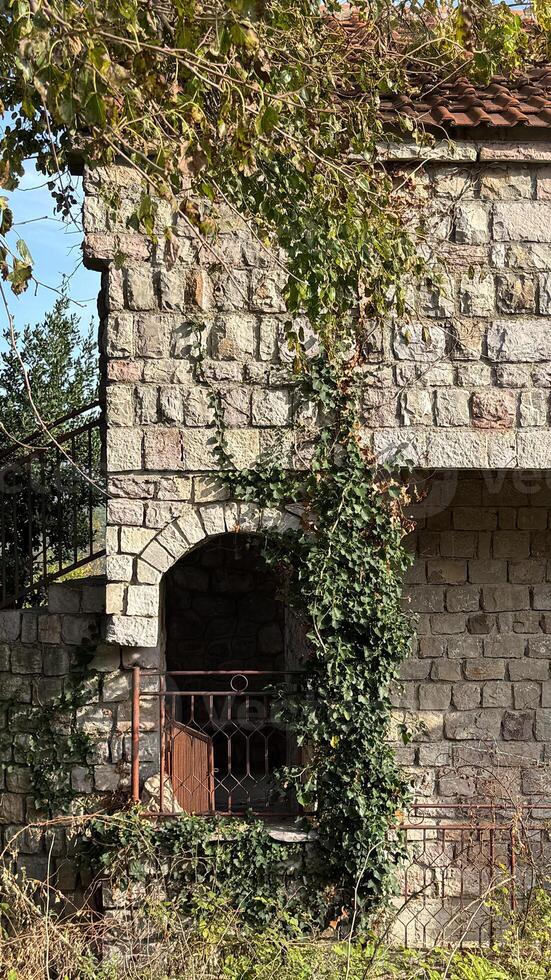 Rustic stone building covered in creeping ivy with an arched window and metal railing. The structure appears old and weathered. photo