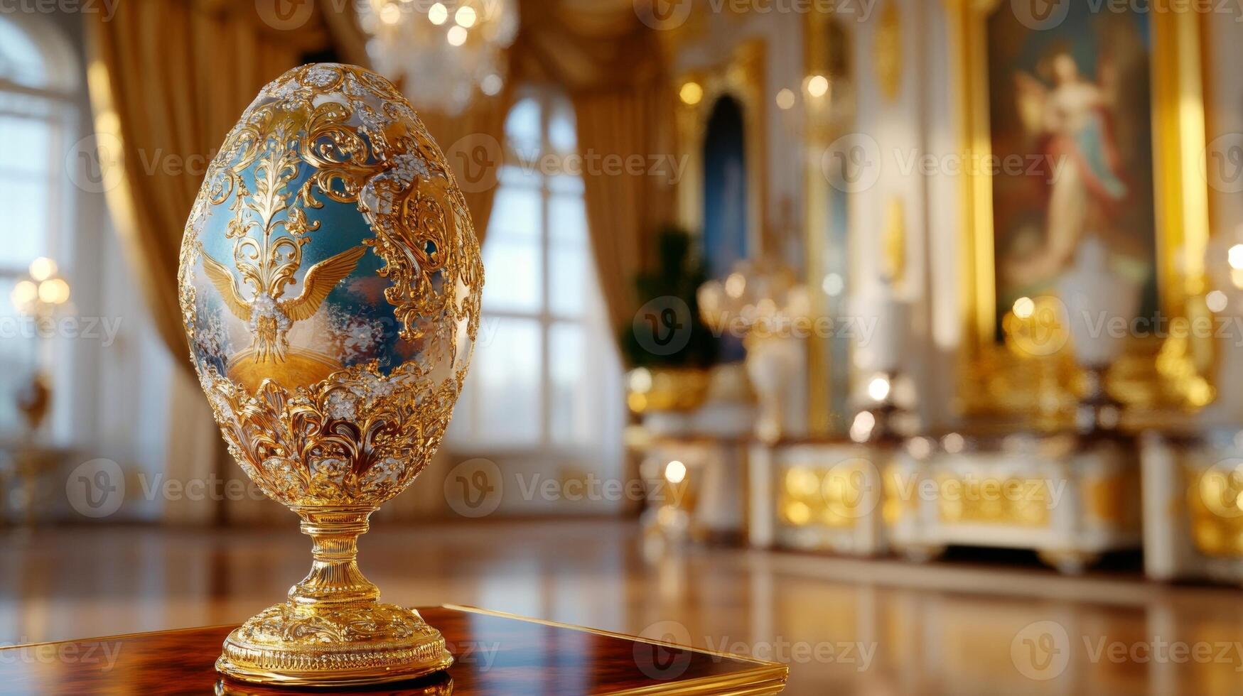 An Easter egg with gold and silver patterns, a background decorated with stucco and paintings with angels, luxurious curtains and huge crystal chandeliers, a celebration with elegant photo