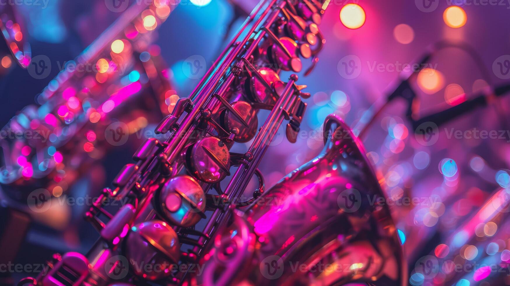 Close-up of shiny saxophone under lilac concert or club lights with other instruments in the background. Concept of elegance and sophistication, and love for music and art photo