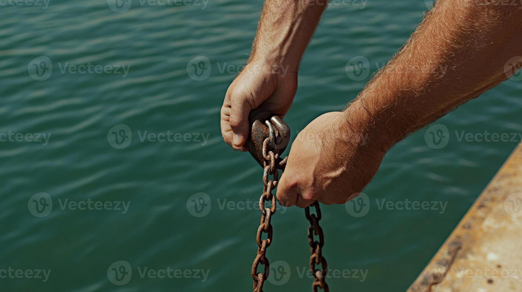 Sailor's hands remove lock from rusty chains by the sea. The metal is rusty and worn, contrasting with the fresh, clear water below. photo