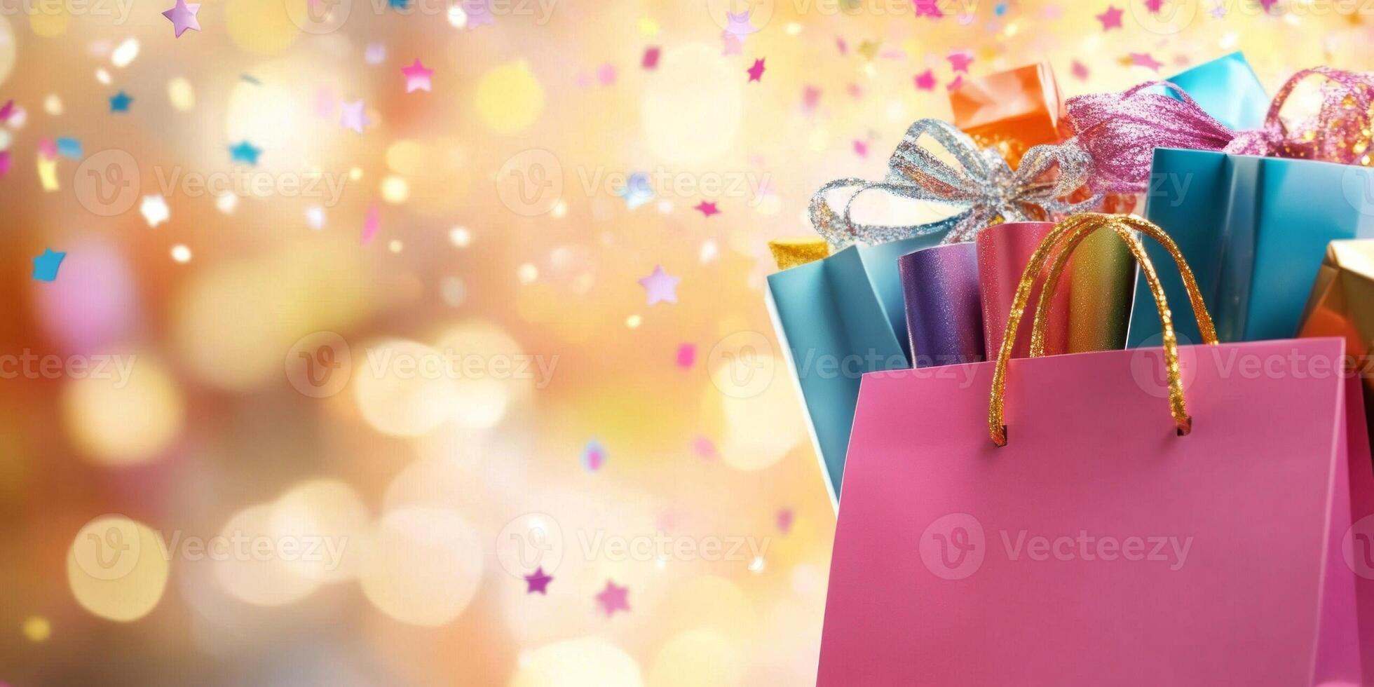 Bright banner of a large shopping bag filled with colorful goods, with confetti and stars in the background photo