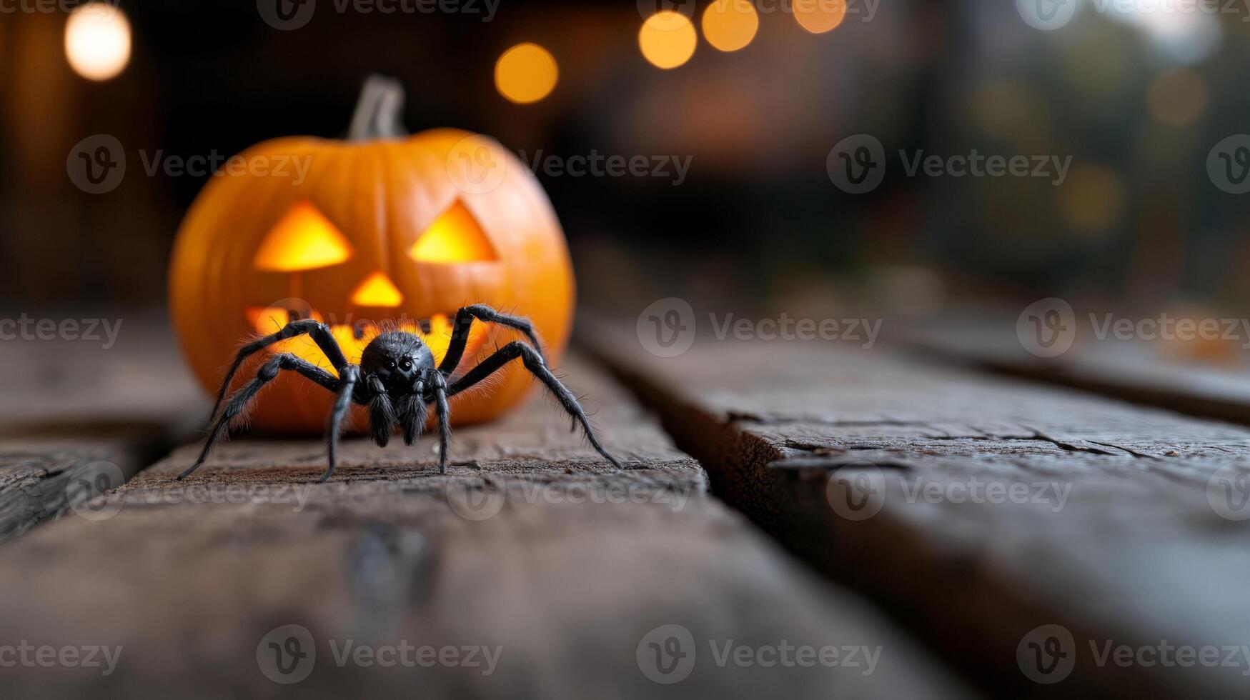 Spider in front of a jack-o'-lantern in an abandoned attic.halloween celebration photo
