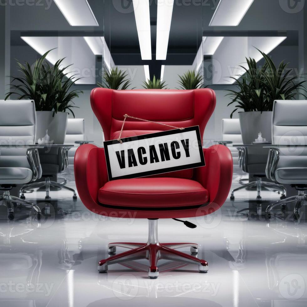 Red armchair with a job posting in a light white office with flowers .Suitable for recruitment campaigns photo