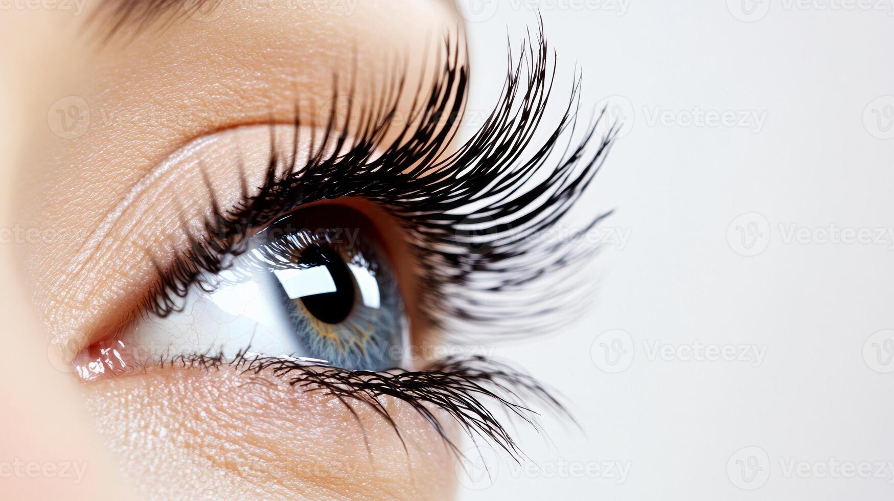 A detailed shot of long, voluminous eyelashes in a deep black shade, beautifully fanning out. The lashes are thick and separated, with a glossy sheen photo