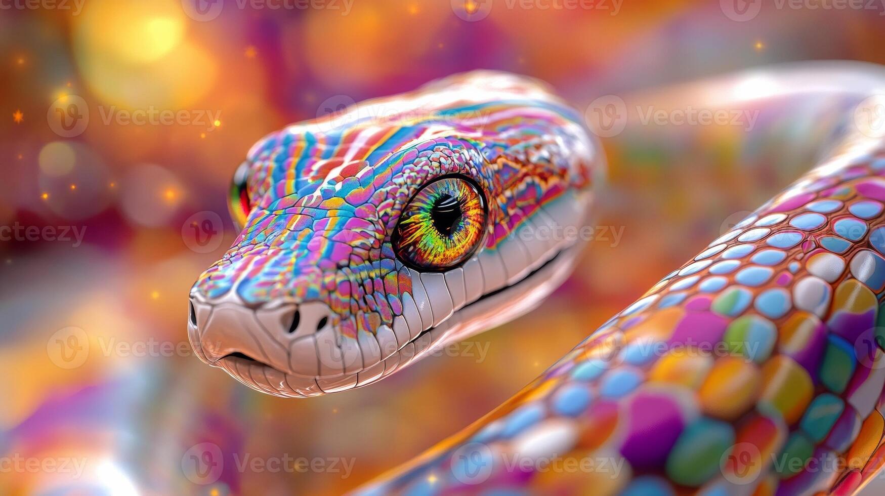 A surreal snake with large multi-colored eyes and psychedelic patterns in orange, green and purple. photo