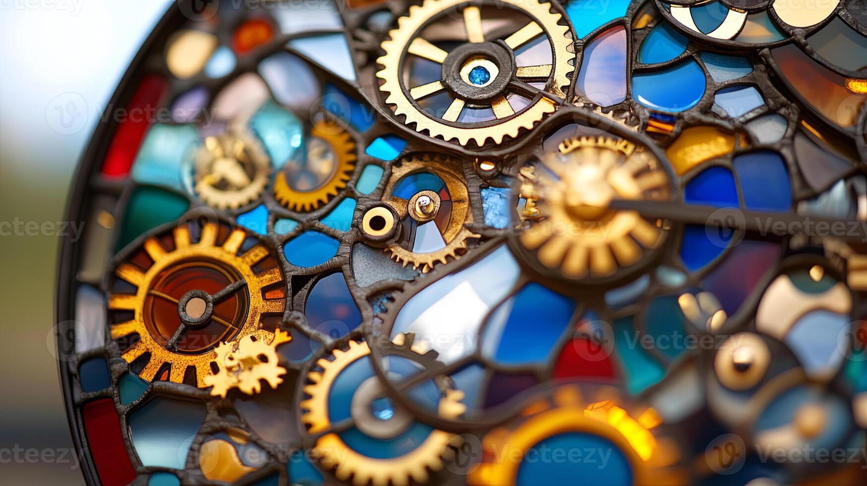 A vibrant stained glass piece featuring golden gears and intricate designs, blending art with mechanics, symbolizing time and craftsmanship. photo