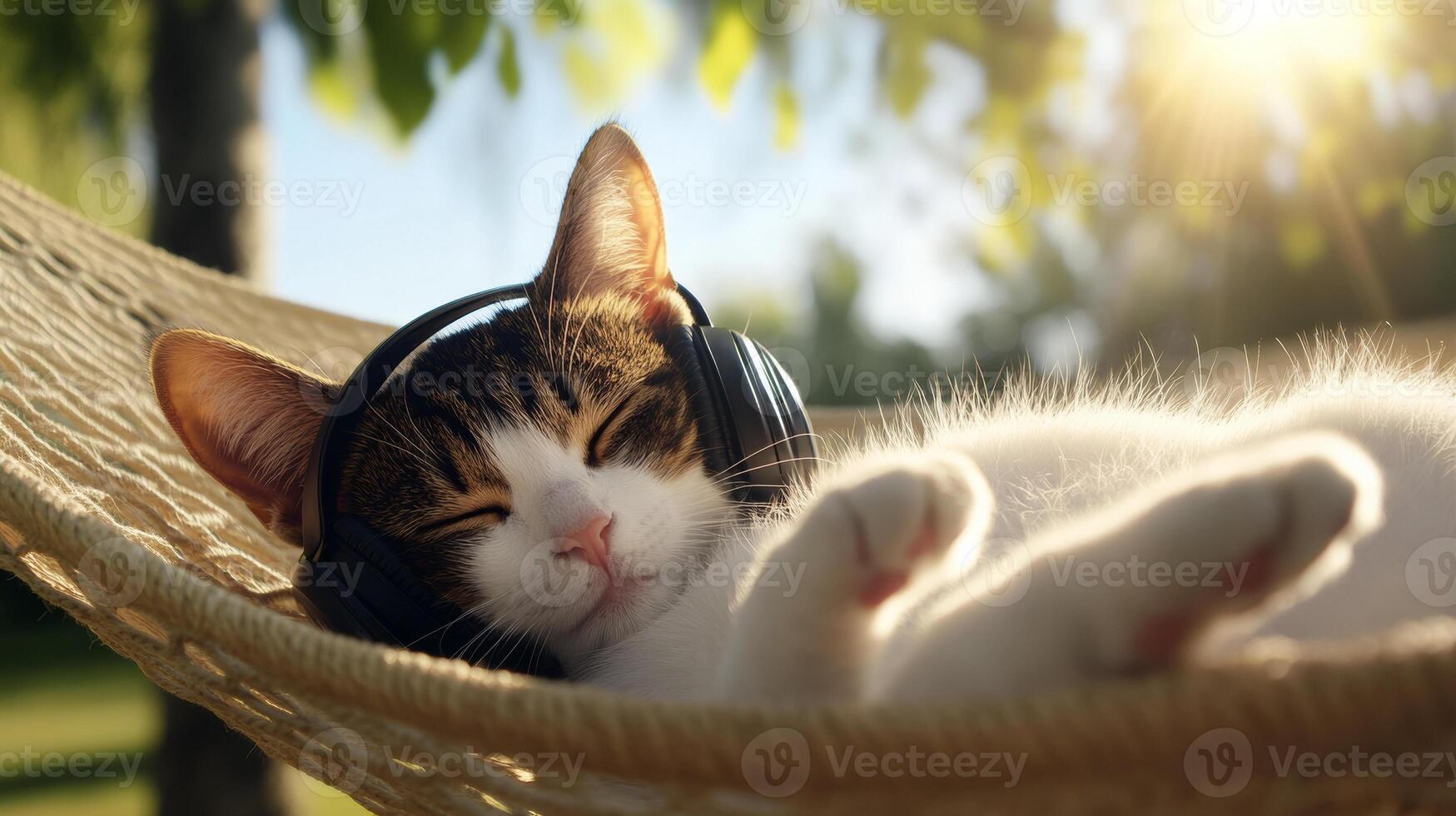 Relaxed cat relaxing in a hammock with headphones on and enjoying a sunny day in a cozy environment. photo