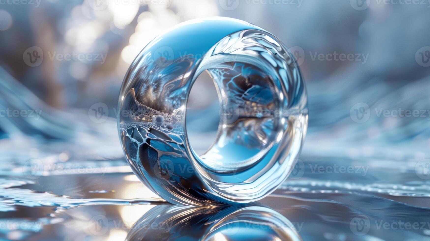 A transparent abstract ring made of chrome metal lies on a reflective surface with a blurred icy background. photo