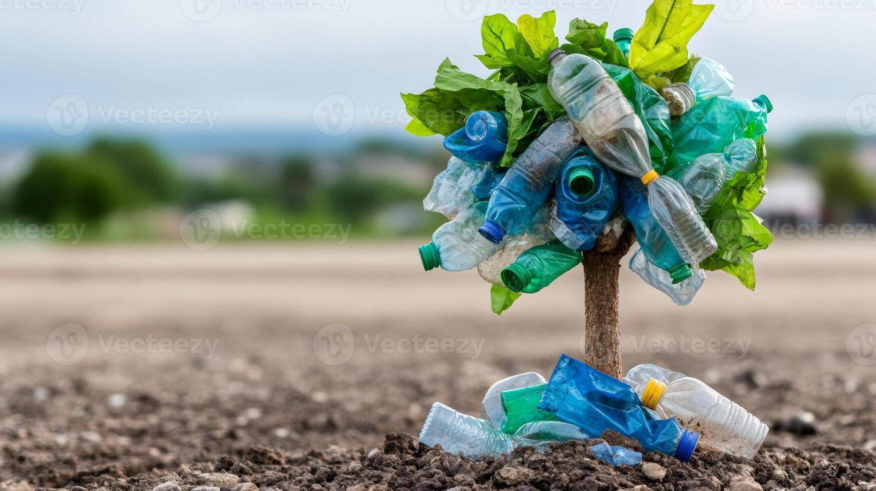Image of a tree with leaves made from plastic bags and bottles.concept of plastic penetration into nature. photo