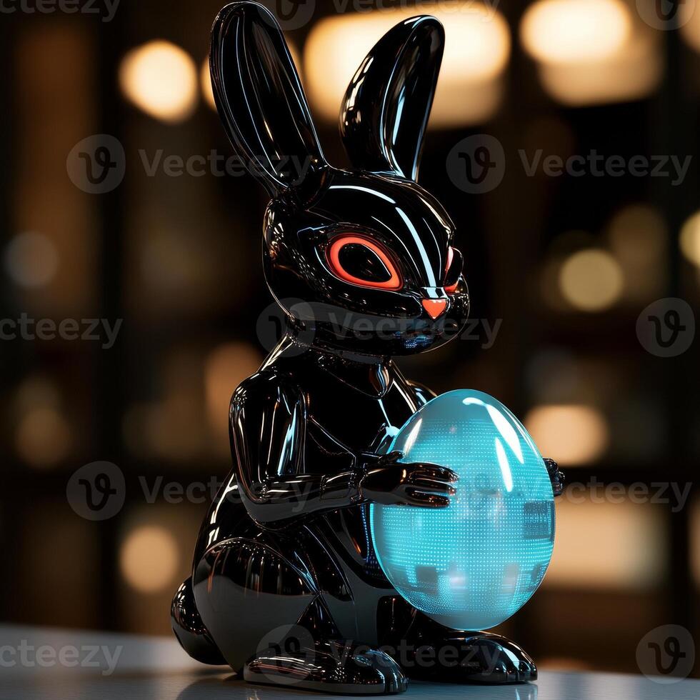A cybernetic Easter bunny holds a holographic egg that pulsates with futuristic data streams and changing neon colors. photo