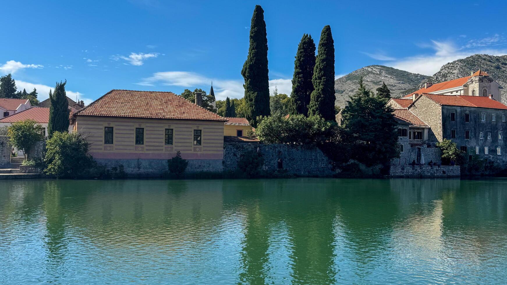 Cityscape from the Trebisnjica River.Trebinje, Bosnia and Herzegovina,October 2, 2024 photo