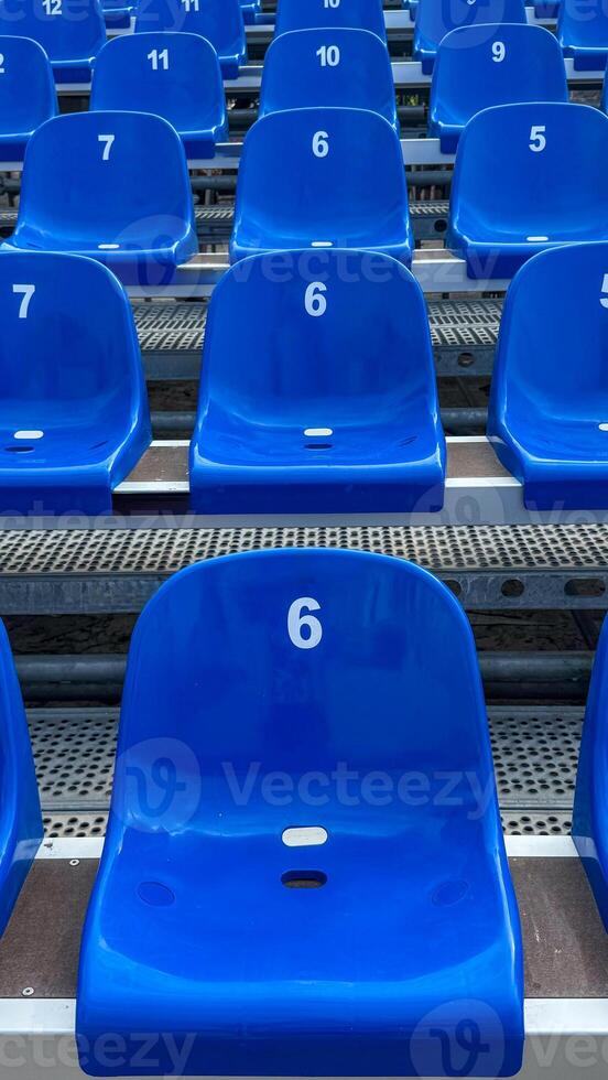 Close-up of blue plastic stadium seats, each marked with a white number. Focus on seat number 6. The organized rows create a repeating pattern, structure, and simplicity. photo
