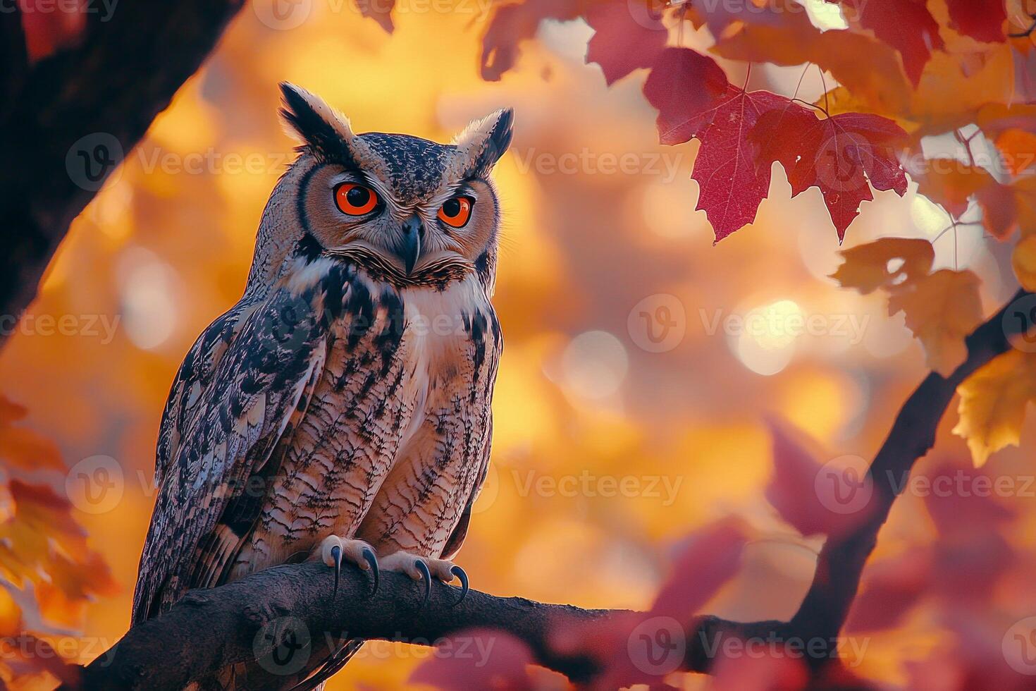 Owl on Branch with Autumn Leaves Background photo