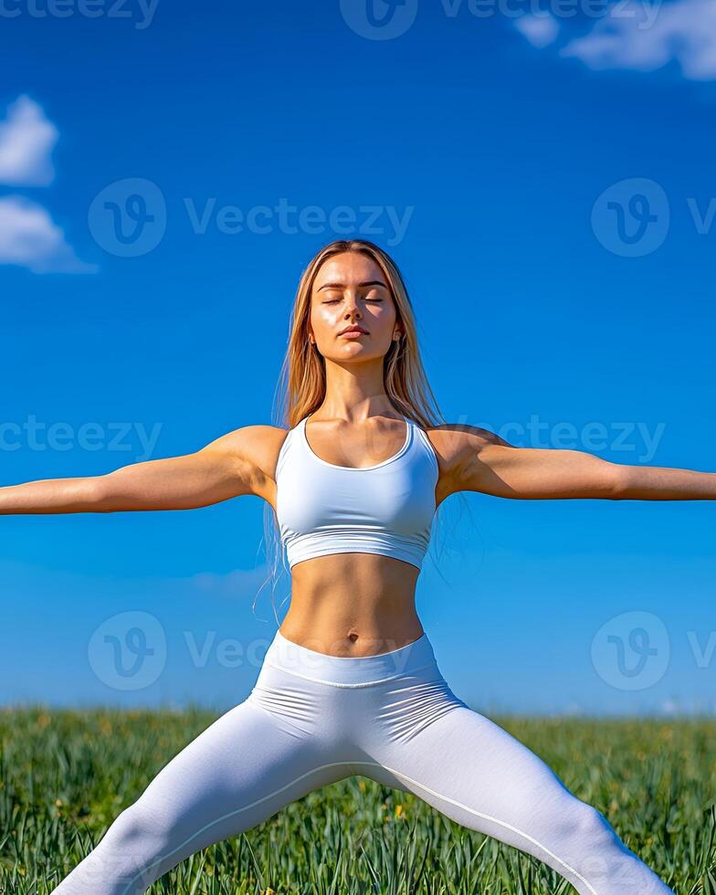 Digital detox and connecting with nature, woman practicing yoga in nature under clear sky. photo