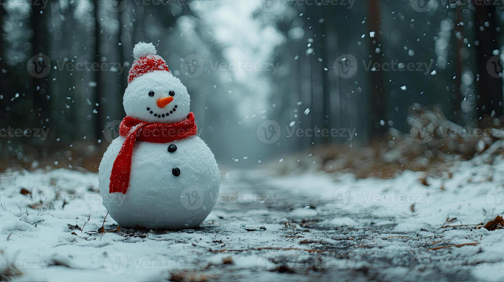 cheerful snowman with red scarf stands in snowy forest photo