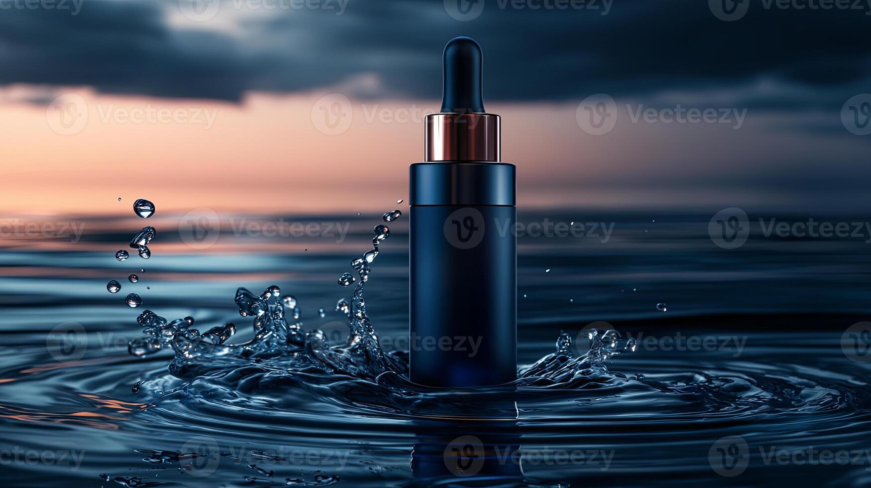 Hydration-focused mockup of a skincare serum bottle with water splash, set against a dramatic background. photo