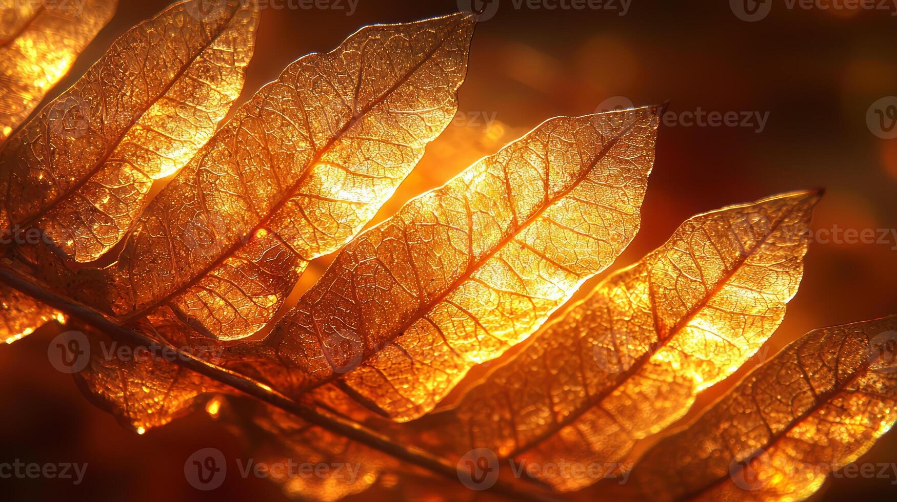 Golden fern leaves illuminated by sunlight, showcasing intricate patterns photo