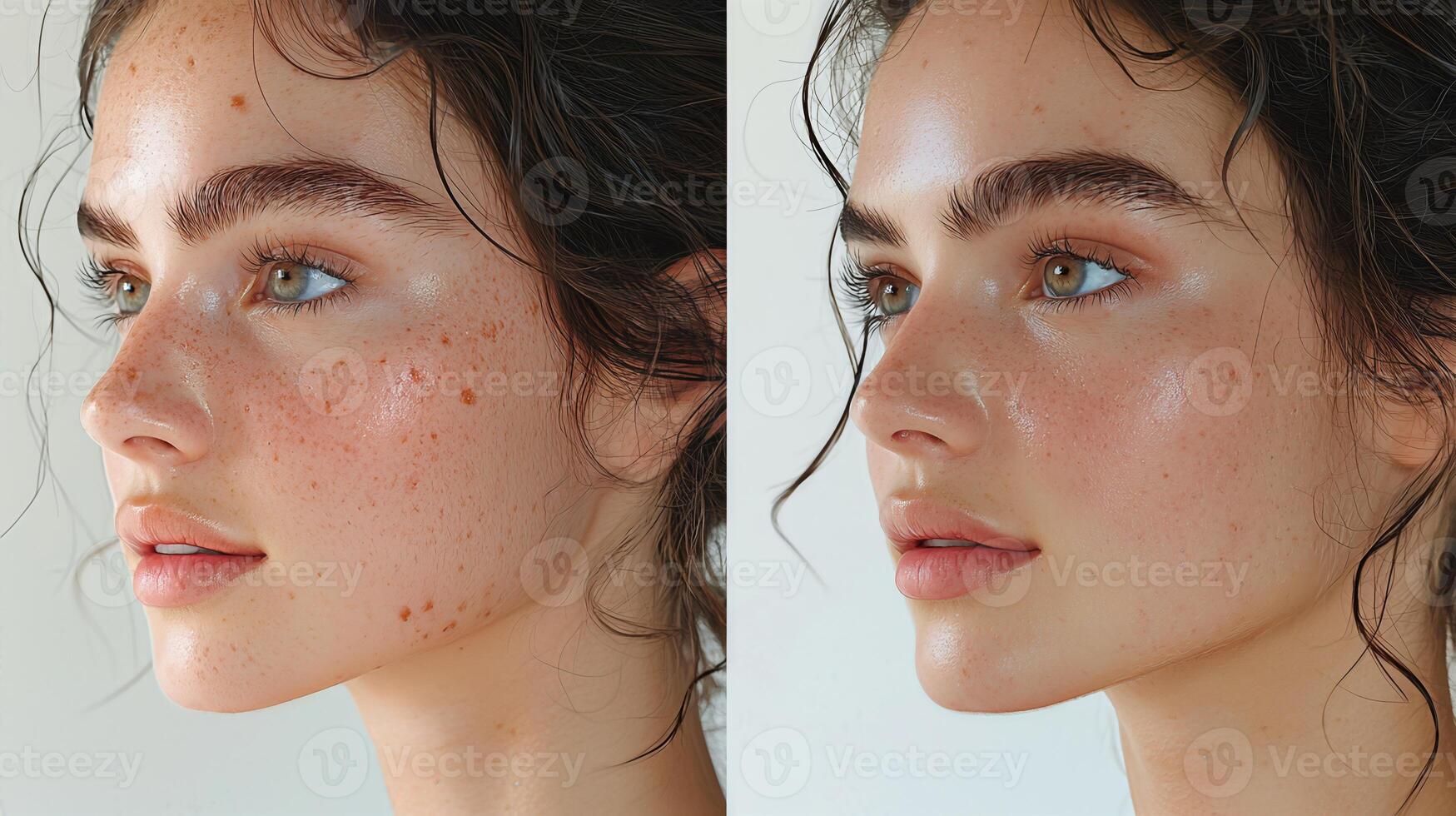 Side view of woman's face showing before and after freckles and skin texture improvement. photo