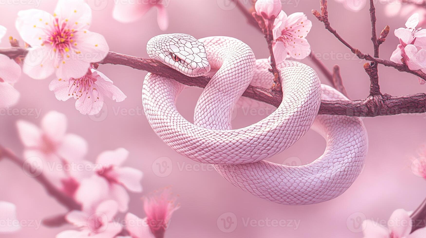 A white snake curled on a branch with plum blossoms, symbolizing the Lunar New Year celebration. photo