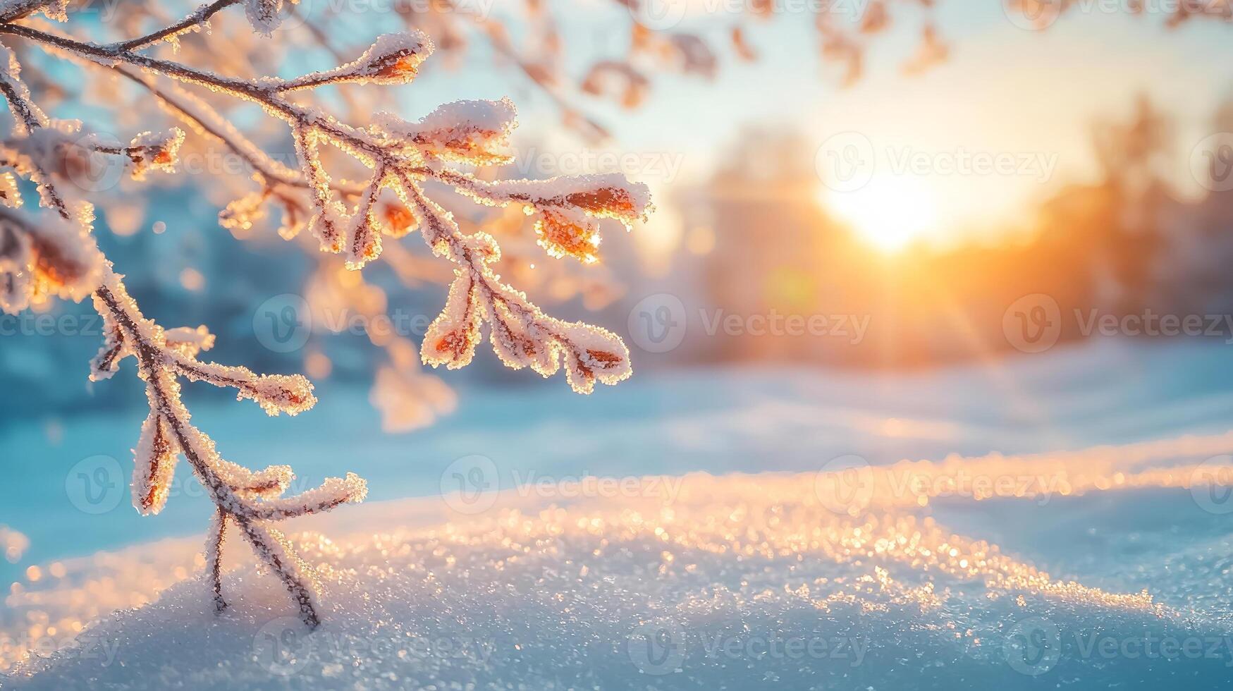 Frosty tree branches glistening in winter sun, creating serene atmosphere photo