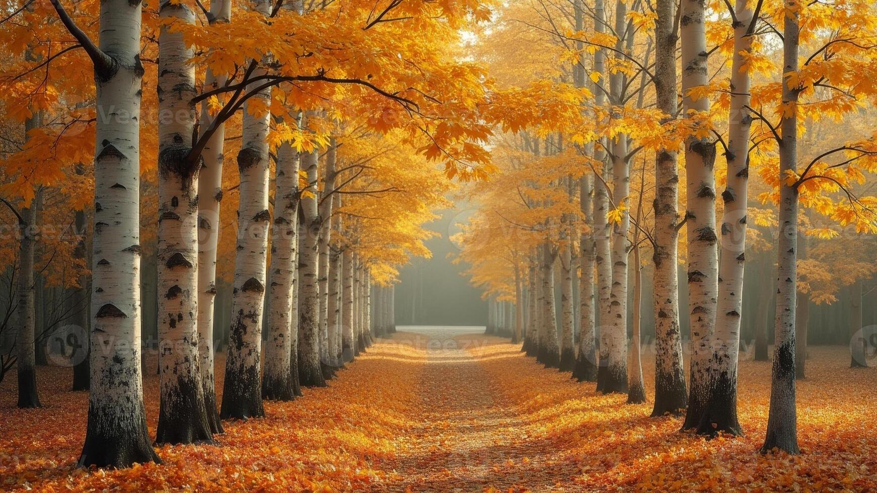 Serene birch tree path lined with golden autumn leaves photo