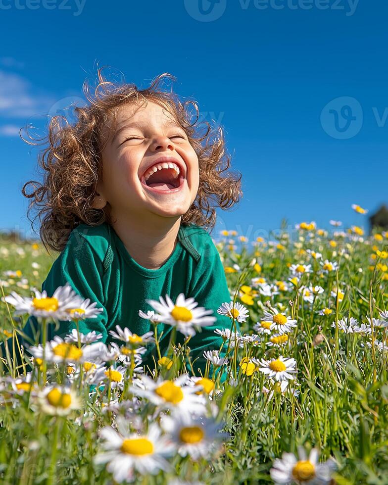Digital detox and connecting with nature, a happy child laughing in a sunny flower field. photo