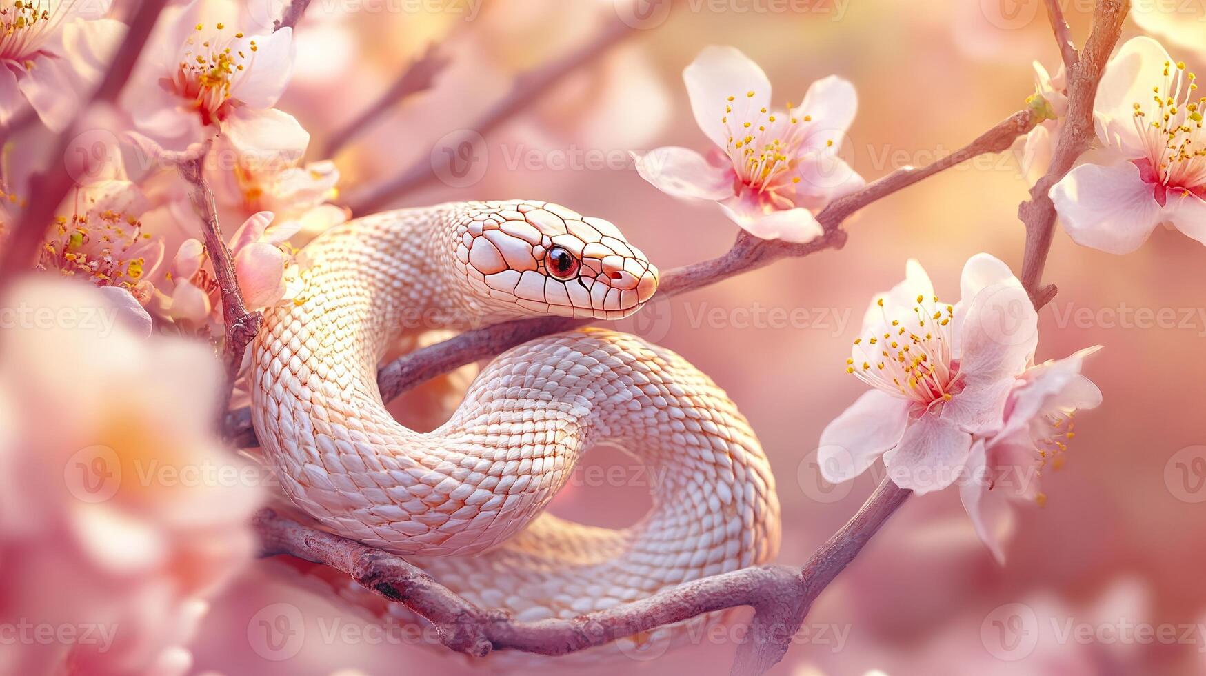 White snake among plum blossoms, symbolizing Chinese Lunar New Year in a serene setting. photo